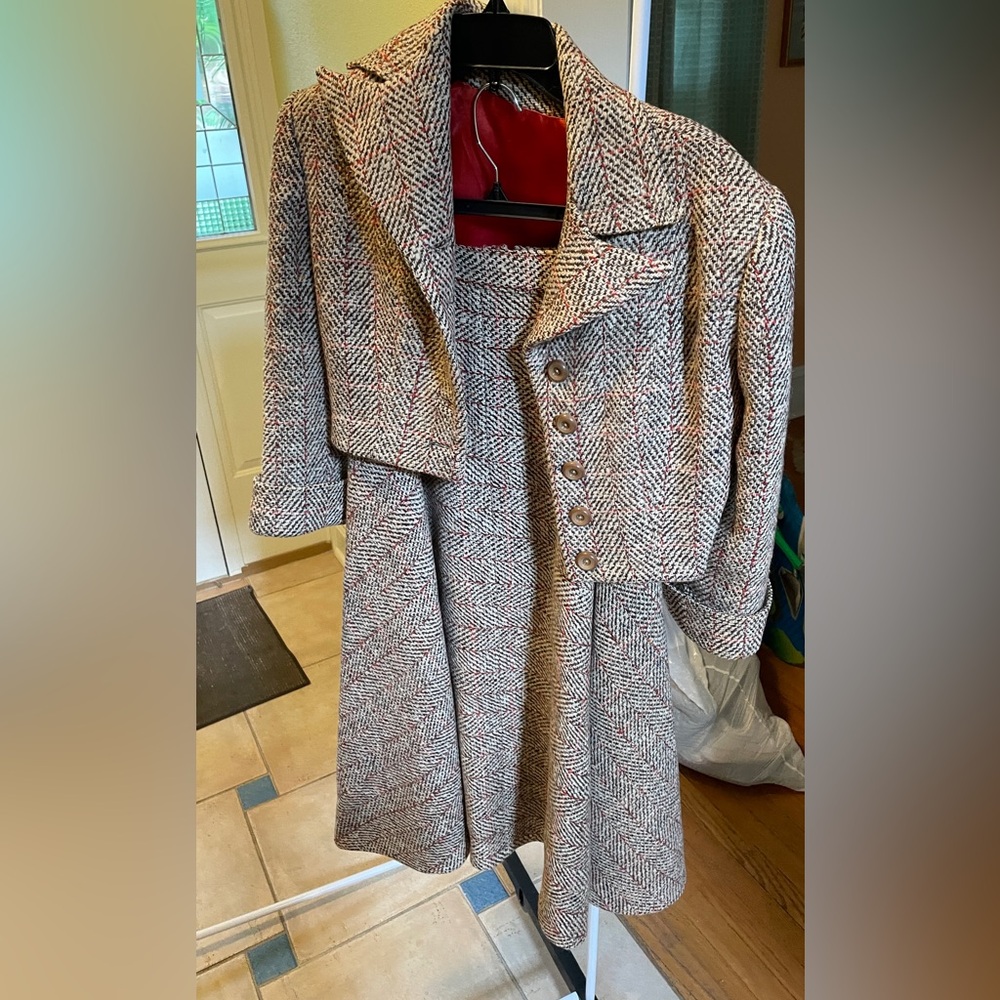Womens Tweed Two-Piece Jacket and A line Skirt- Brown with Red Accent